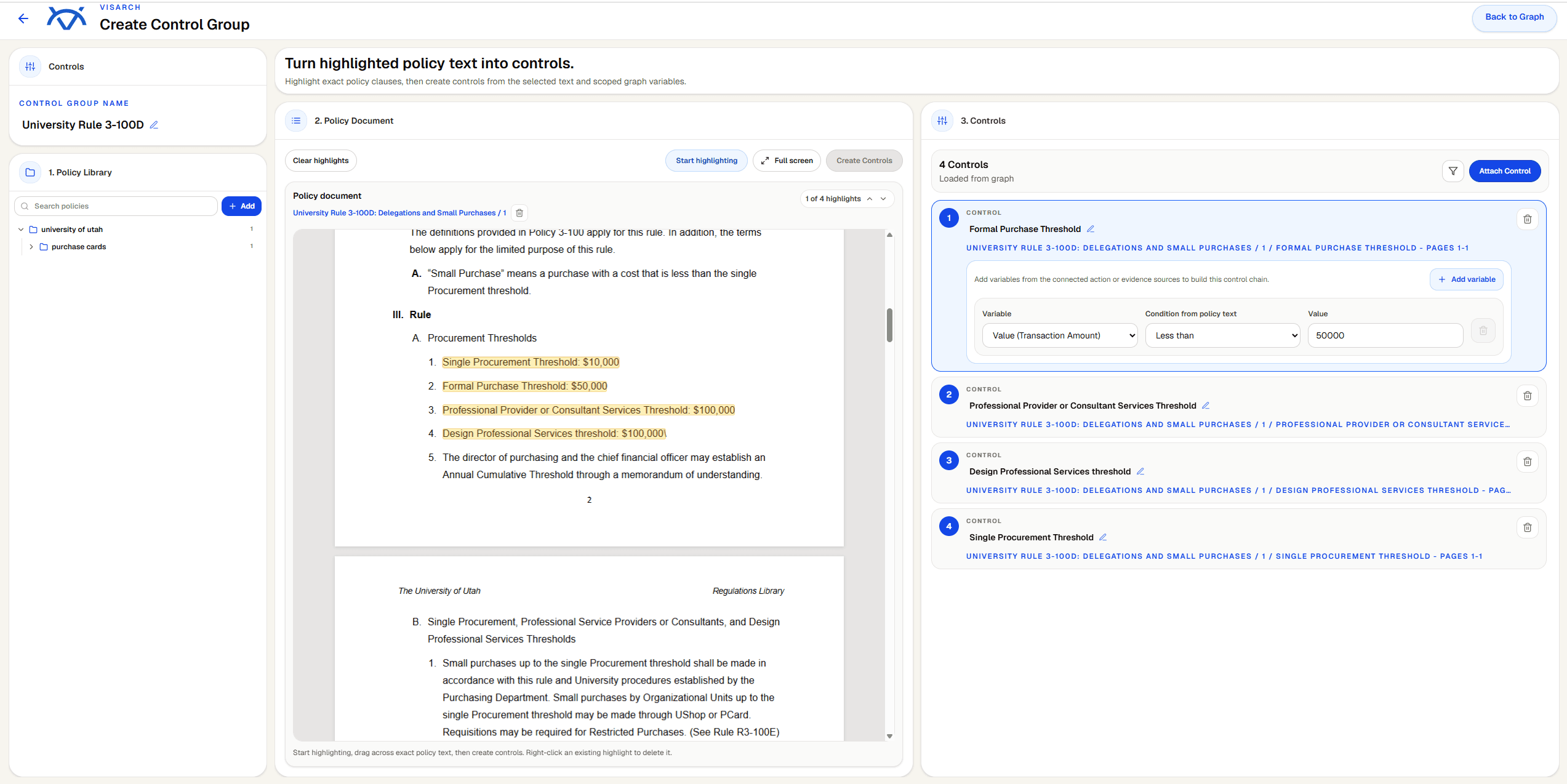 VisArch policy control screen showing highlighted policy language and a create control group panel.